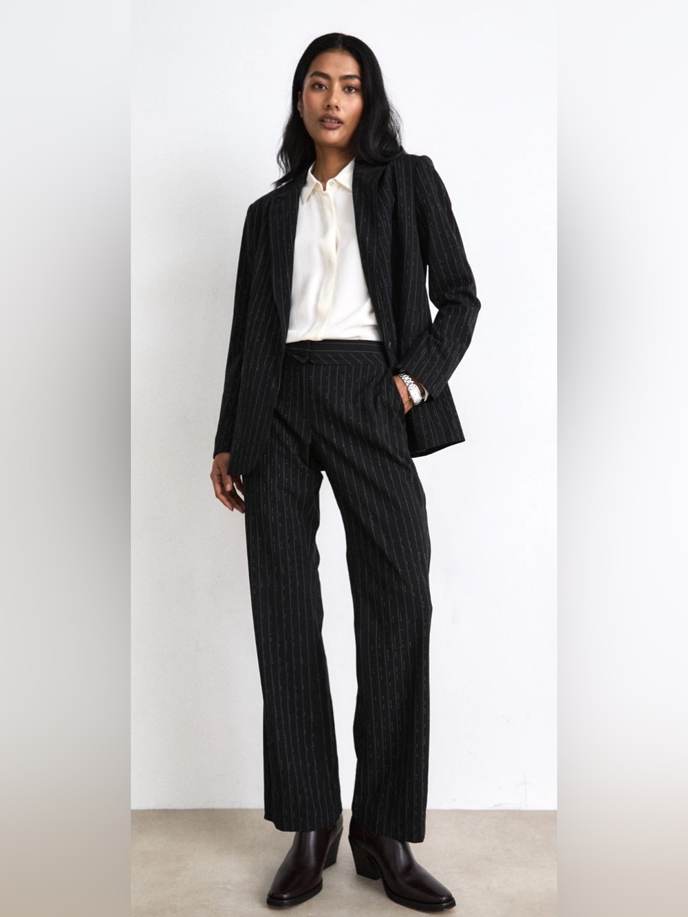 DKNY Black Pinstripe embellished suit - size 6